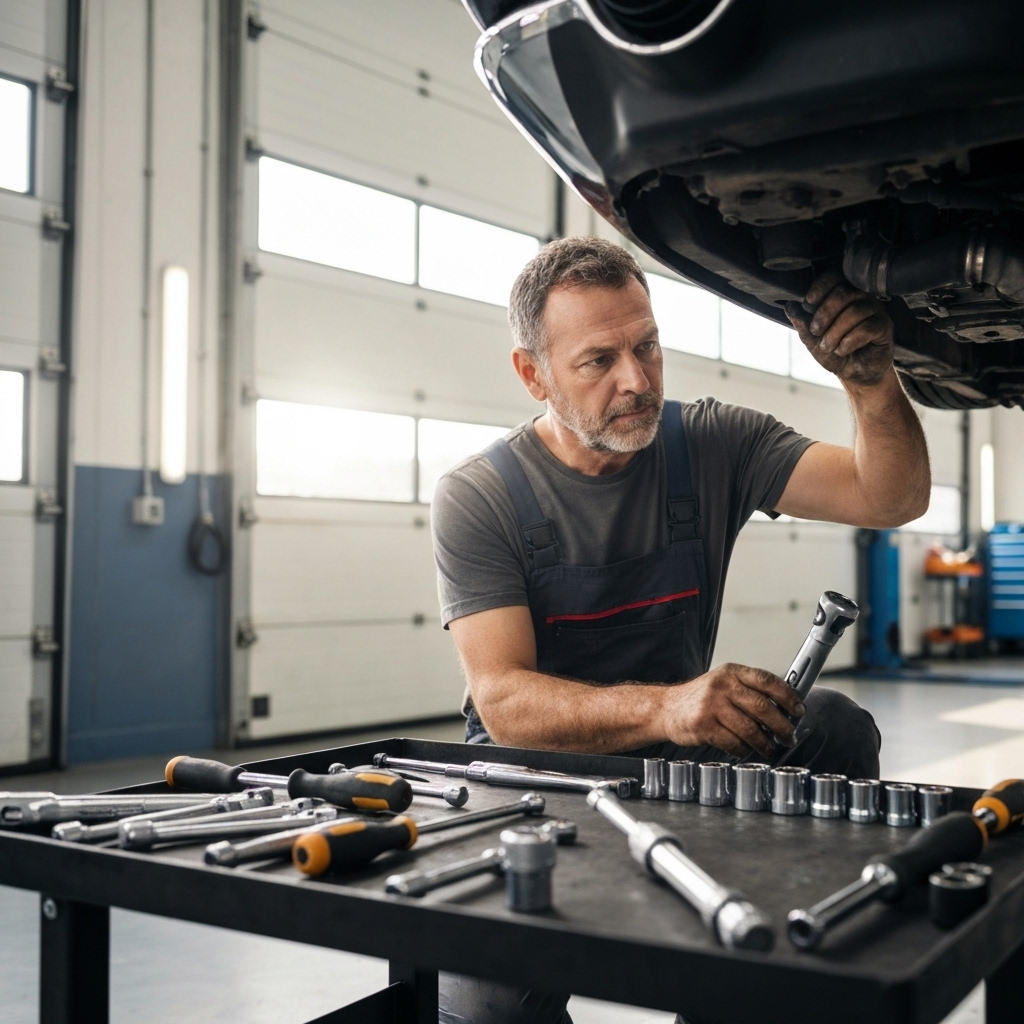 Mecanic profesionist lucrând la un motor de mașină în atelier